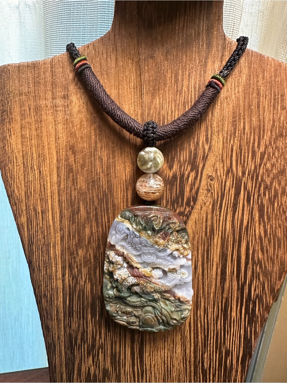 Green, White and Yellow Ocean Jasper Dragon Pendant on Adjustable Rope